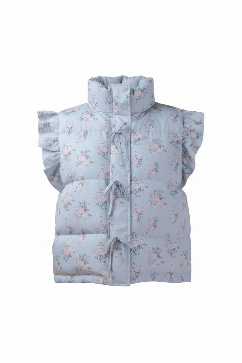 Front Bow Ruffle Sleeve Puffer Vest – Floral & Solid