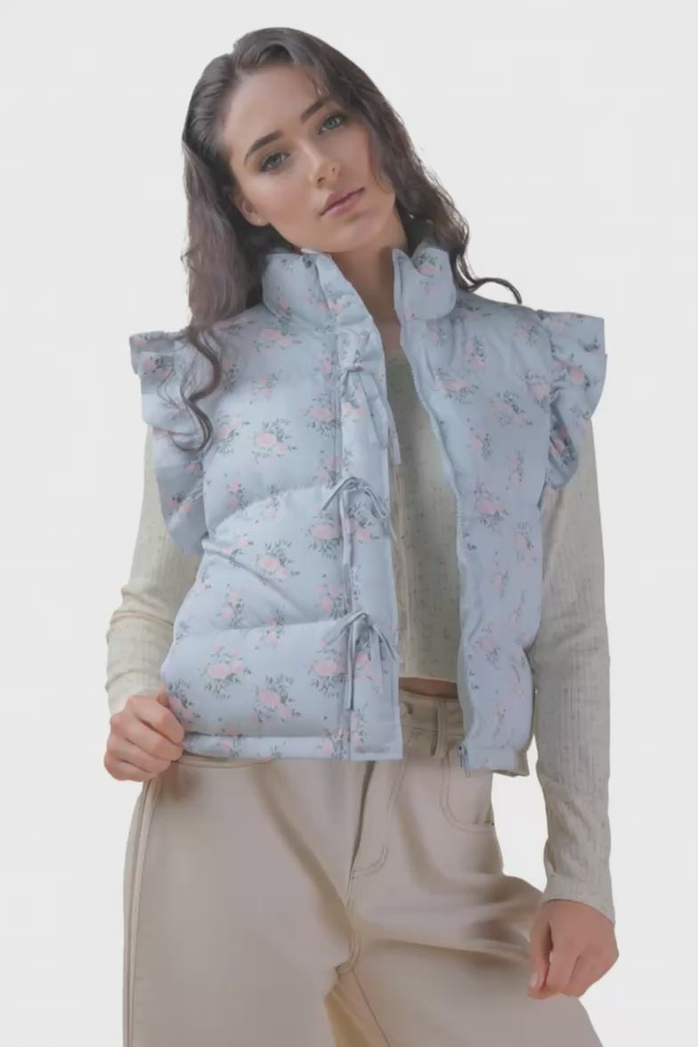 Front Bow Ruffle Sleeve Puffer Vest – Floral & Solid